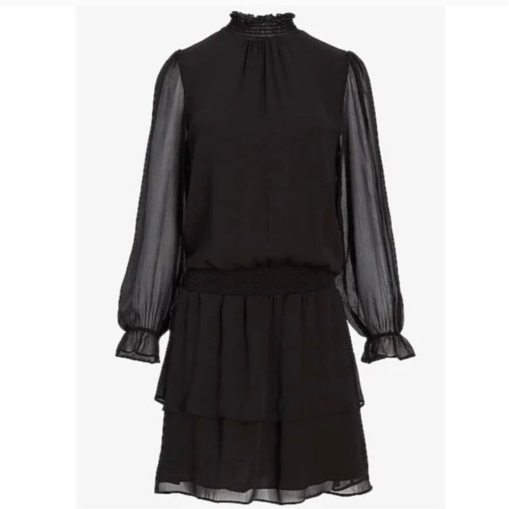 Express Layered Ruffle Mini Dress Womens Small Black Sheer Smocked Neck Waist